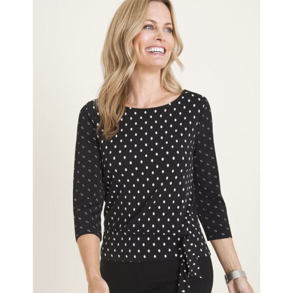 Chico’s 2  Dot-Mix Side-Tie Top Size Large Polka Dot Blouse Top Stretch